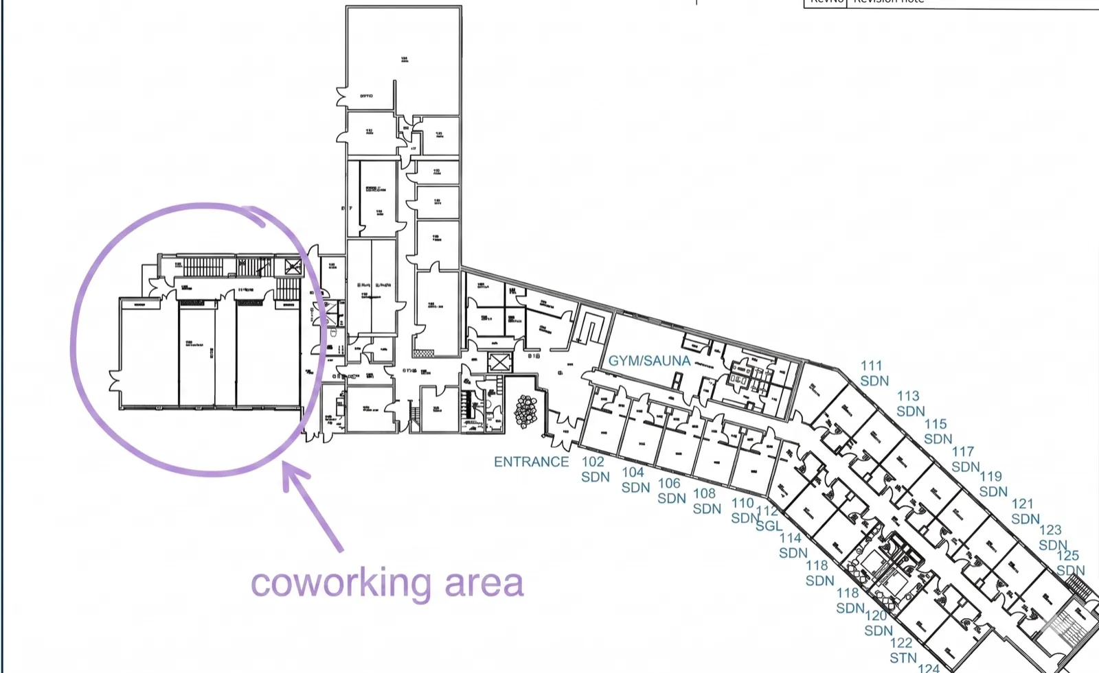 Floor plan of Funken Lodge with the coworking area circled in purple at the west wing